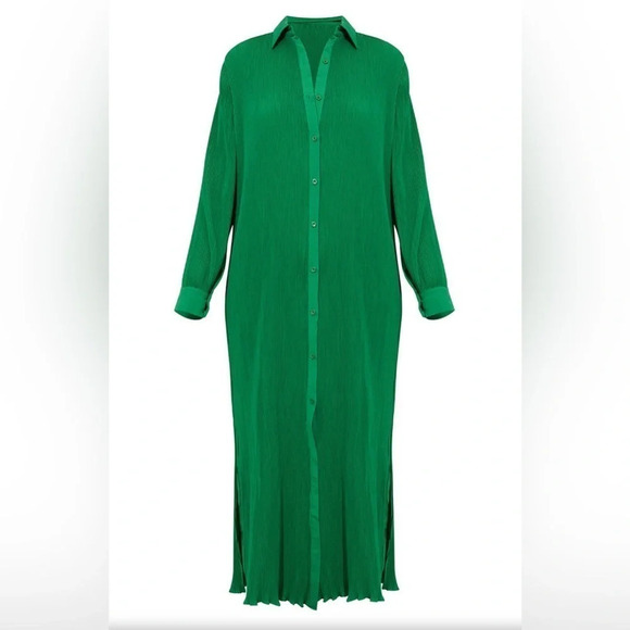 PrettyLittleThing Green Plisse Button Up Split Hem Dress size 0 - Picture 5 of 10